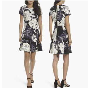 Eliza J Navy and White Floral Fit-and-Flare Dress